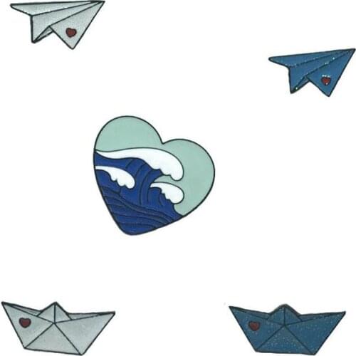 New cartoon blue white sailboat paper plane heart-shaped wave and love brooch jewelry gift for friends