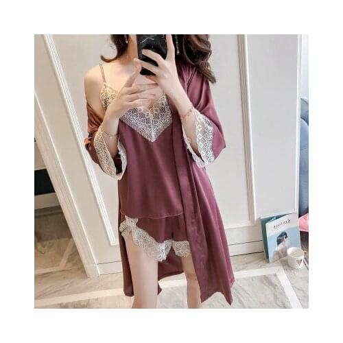 Women Sleep Lounge Silk Pajama Sets Autumn Sleepwear Sexy Lace Trim Cami Top+Shorts+Robe 3PCS Pijamas Elegant Nightwear Homewear