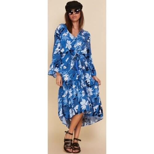 Tasseled Viscose Fabric Camouflage Patterned Pleated Waist Boho Dress 2021 New Fashion Womens Clothing Blue Green Brown Colors