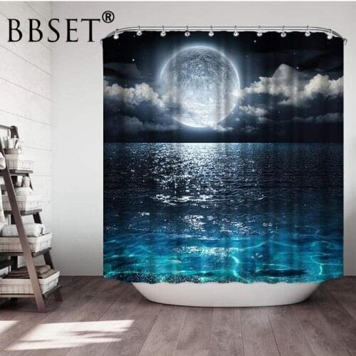 Full Moon Shower Curtain Bright Full Moon At Sea Pattern Waterproof Multi-size Cortina De Bano Bathroom Decor with 12 Hooks