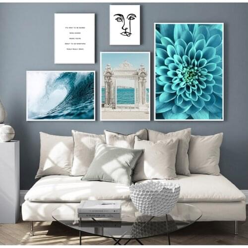 Ocean Waves Blue Flower Wall Poster Sea Beach Landscape Canvas Print Nordic Painting Scandinavian Art Room Decoration Picture