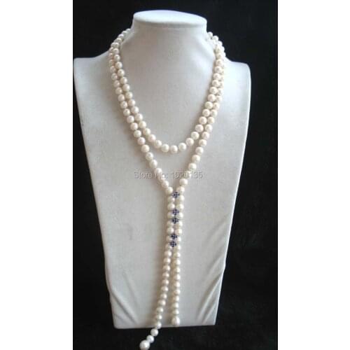 Freshwater pearl white round AA 7-8mm and blue pendant necklace 48inch nature FPPJ