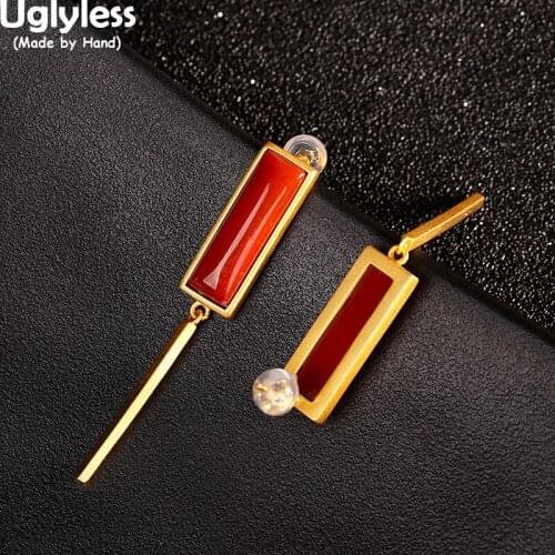 Uglyless Minimalism Gold Sticks Dangle Earrings for Women Square Rectangle Agate Earrings Solid 925 Silver Brincos Dress Jewelry