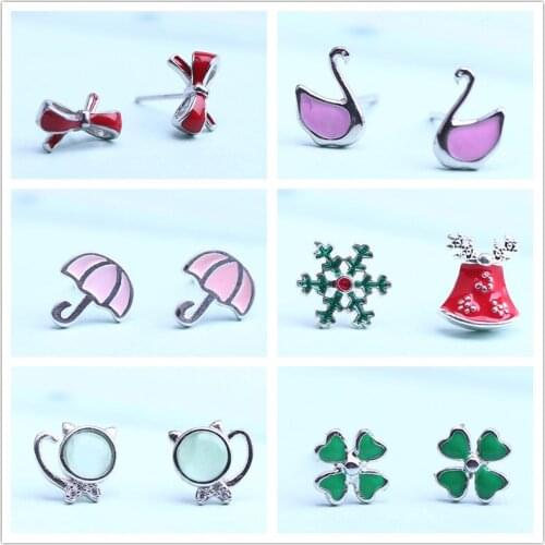 S925 Mix 6Pairs/Lot Bow swan umbrella Asymmetrical Earrings Personality Mini Earrings Bone Nails Temperament Earrings