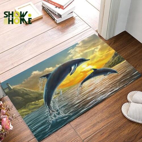 Showhome Sunset Scenery Dolphin Jumps Out Of The Sea Doormats For Entrance Way Dirt Debris Mud Trapper Boot Shoes Scraper