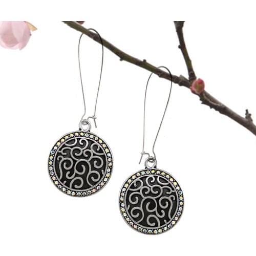 Bohemian Retro Round Circular Engraving Pattern Earrings Set Coloured Bead Black Bead Big Hook Earrings Jewelry For Women Gift