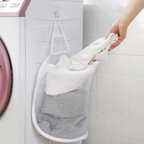 Pop-up Hanging Laundry Hamper Foldable Mesh Basket Wall Mounted Dirty Clothes Bag Organizer with Carry Handles