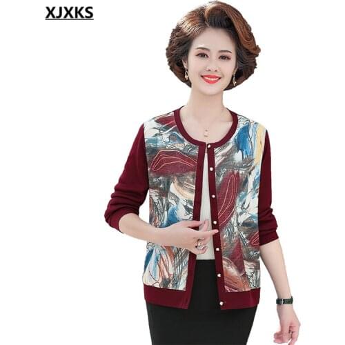 XJXKS 2021 autumn new round neck long-sleeved sweater women jacket fashion printing single-breasted women cardigan