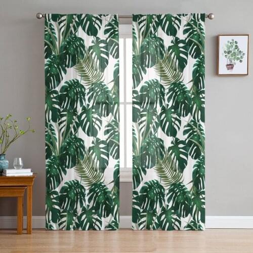 Nordic Tropical Green Plant Monstera Leaves Tulle Window Treatment Sheer Curtains for Living Room the Bedroom Decoration