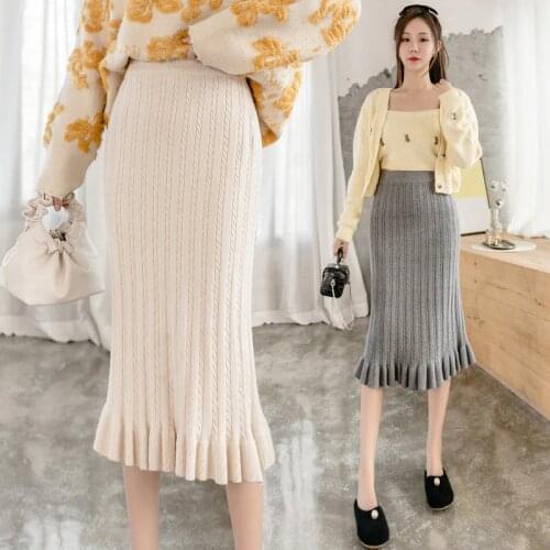 New Arrival 2020 Autumn Winter Women Knitted Midi Skirt Korean Elegant Slim High Waist Pleated Mermaid Skirt