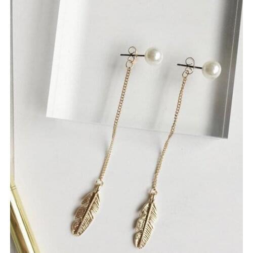 European And American Fashion Personality Feather Leaves Leaves Imitation Pearl Female Earrings Retro Long Chain Tassel Earrings