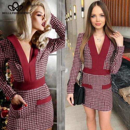 Bella Philosophy Spring Office Lady Elegant Women Dress Female Long Sleeve V Neck Dress robe hiver 2019 Plaid Bodycon Dress