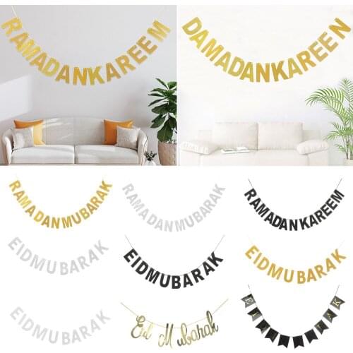 1Set EID MUBARAK Paper Banner Ramadan Decoration for Home Garland Muslim Festival Gold Black Silver EID RAMADAN KAREEM Banner