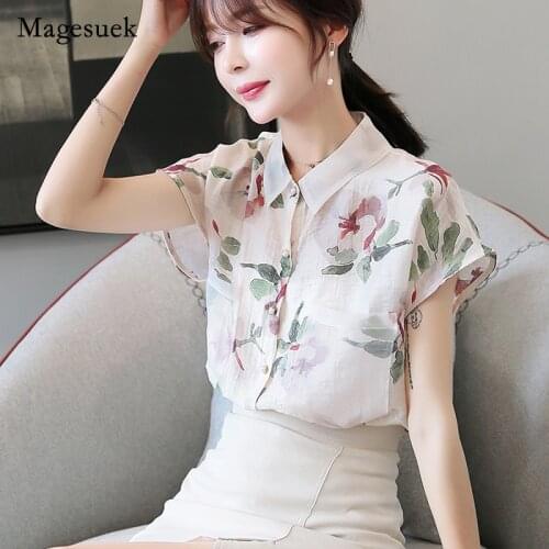 2021 Summer Fashion Women Chiffon Blouses Casual Floral Women Chiffon Tops Turn-down Collar Short Sleeve Women Clothing 5101 50