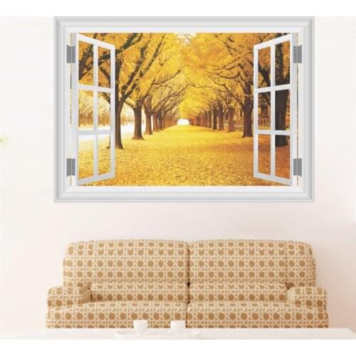 3D Window View Autumn Forest Landscape Wall Sticker Wall Art Removable Bedroom Golden Trees Forest Wallpaper Kitchen Sticker
