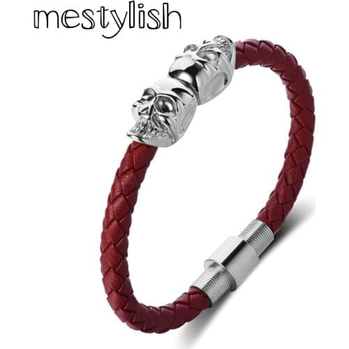 Mestylish 6mm Red Genuine Leather skull Stainless Steel Gold/Sliver/Gunblack Twin Skull Bracelets for Man Women Jewelry Gift