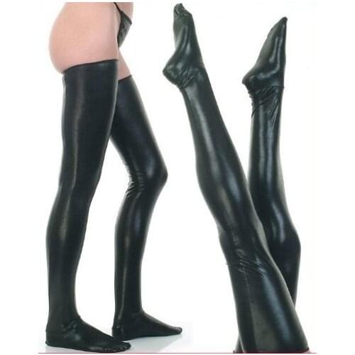 Sexy Lingerie Faux Leather Stockings Leg Wear Stockings Women Sexy Black Latex Stockings Wet Look High Stockings Club Dance wear