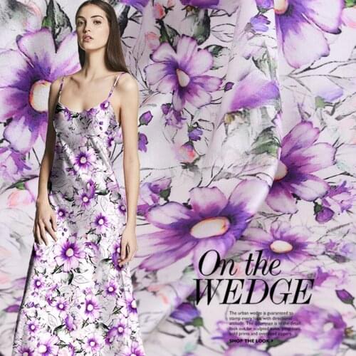 Customized Purple Flower Digital Printing Spandex Silk Satin Fabric Silky Skin-Friendly Pants Cheongsam DIY Cloth