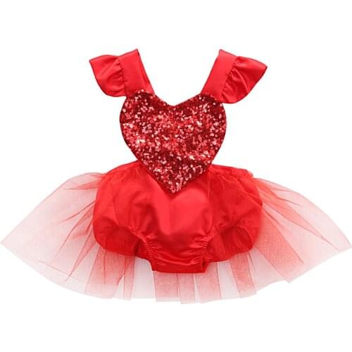 Valentines Day Lovely Princess Romper Dress Summer Baby Girls Short Petal Sleeve Sequin Solid Backless Belt Lace Jumpsuits 0-3Y