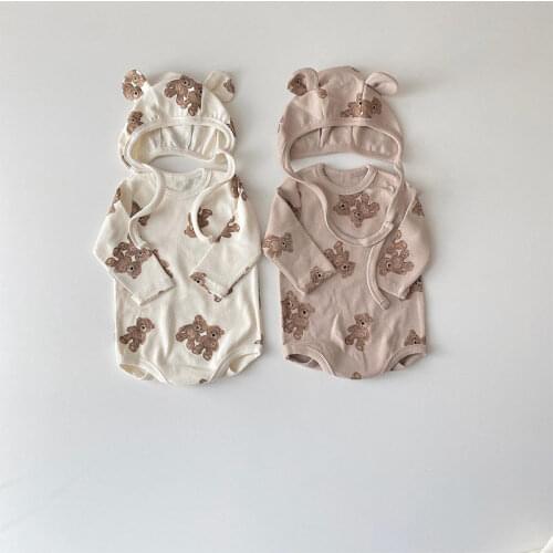 8743 2021 Autumn New Fashion Cartoon Bear Printed Romper Suit 2 Piece Long Sleeve Outfits Hat For Infant Newborn