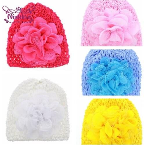 Fashion Handmade Flower Newborn Turban Caps Solid Color Knitted Hollowed Hats Children Floral Headwear Baby Clothing Ornaments