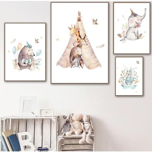 Nordic poster elephant rabbit bear wall art oil painting and printing cartoon animal wall picture baby childrens room home deco