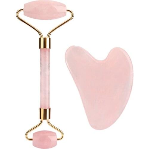 Natural Rose Quartz Jade Roller Gua Sha Set Guasha Scraper Stone Facial Roller Massager Face Lifting Slimming Skin Care Tool