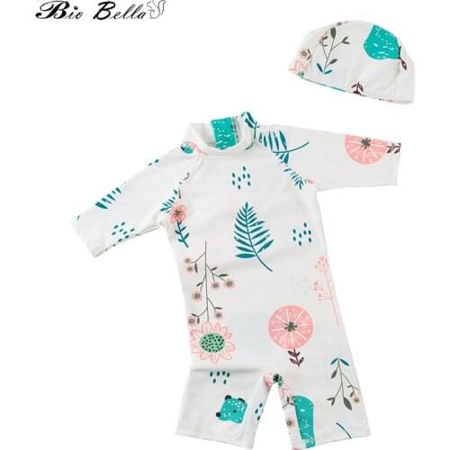 Girls Swimwear Hat 2PCS Set Summer Long Sleeve UV protection Swimming Suit With Cap Toddler Swimwear Kids Beach Bathing Suits