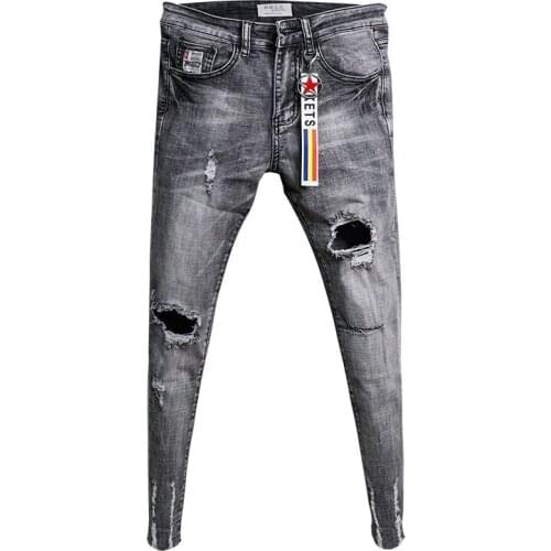 Wholesale Denim Ripped pants mens slim skinny jeans men retro ankle length social youth pants hair stylist pencil pants