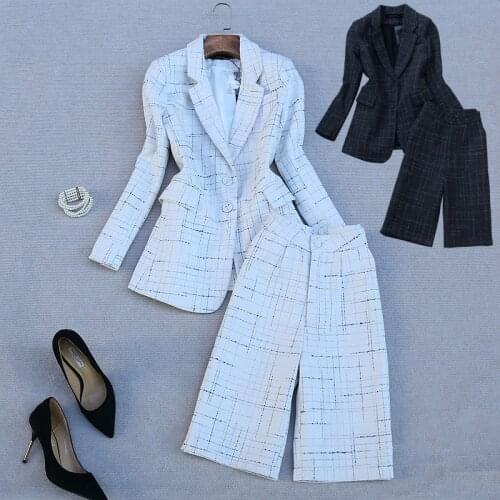 Autumn Winter Fashion Lady Plaids Faux Woolen Suit Blazer and Knee-length High Waist Pants OL Set