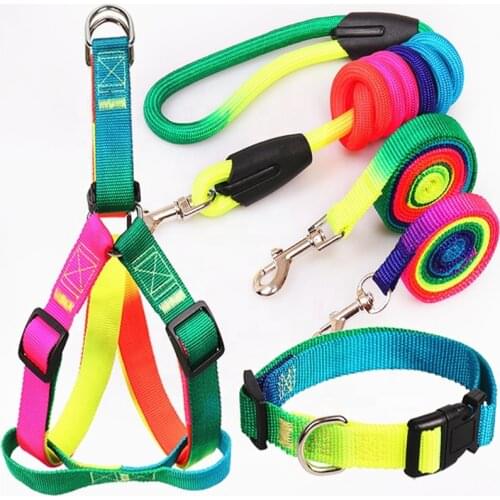 Popular Fashion Colorful Rainbow Dog Collar Harness and Leash Set Adjustable Puppy Collar Walking Dog Leash Training Accessories