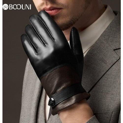 BOOUNI Genuine Leather Gloves Men Breathable Hole Belt Winter Plus Velvet Thermal Cold-Proof Driving Sheepskin Glove NM770