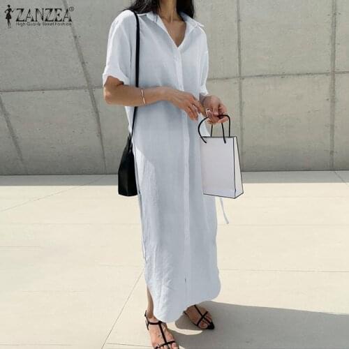 ZANZEA Cotton Linen Solid Sundress Kaftan Lapel Robe Female Split Button Dress Long Shirt Maxi Vestido Short Sleeve Dresses
