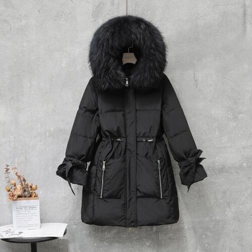 Big Real Raccoon Fur Fad New Winter 90%White Duck Down Parka Warm Puffer Jacket Female Sash Tie Up Hooded Down Coat Big Pockets