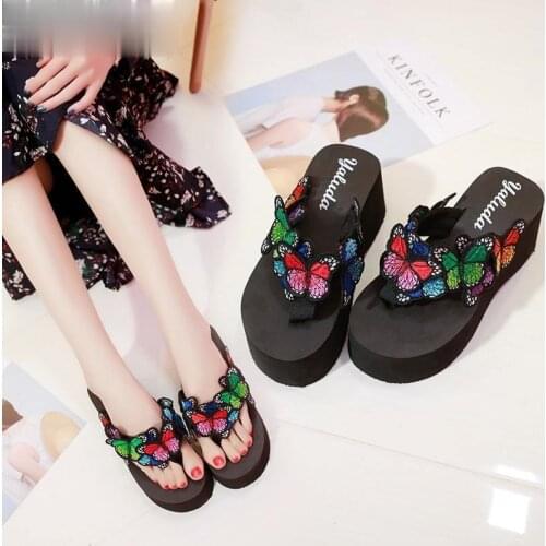 Womens Fashion Slippers Butterfly Decorate Anti-Slip Wedge Slides Indoor Outdoor Thong Platform Slippers Flip-flops 2021 Summer