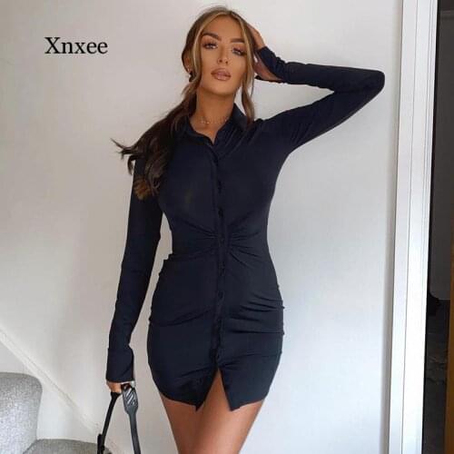 Sexy Mini Dresses Fashion Casual Bodycon Black Womens Short Shirt Dress Turn-Down Collar Button Womens Bodycon Solid Clothing