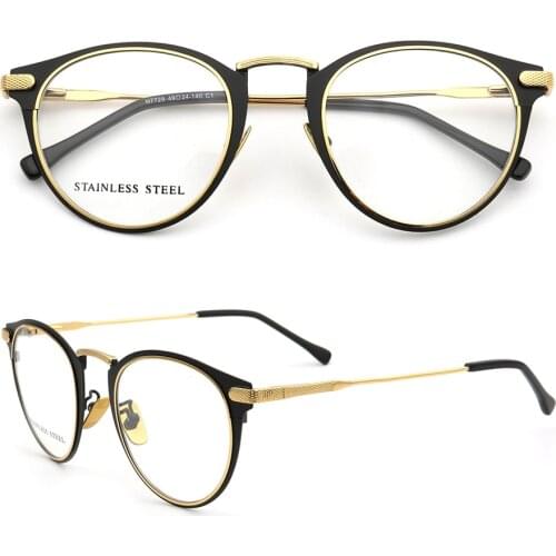 Vintage Women Round Glass Frames for Men Metal Fashion Stainless Steel Optical Eyeglass Frames Gold Black Prescription Eyewear