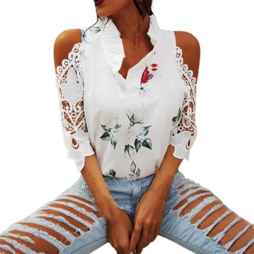 Off Shouder Women Blouse Lace Patchwork Sleeve Elegant Ruffled Neck Floral Print Summer T-shirt Pullover Top