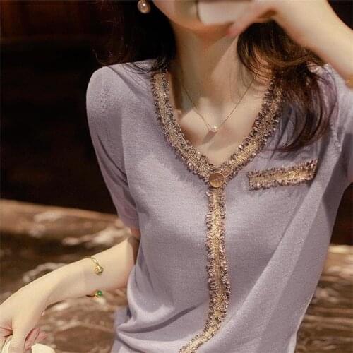 V-neck purple sweater women summer new short-sleeved fringed lace silk t-shirt top toppies v neck sweater pull over sweater