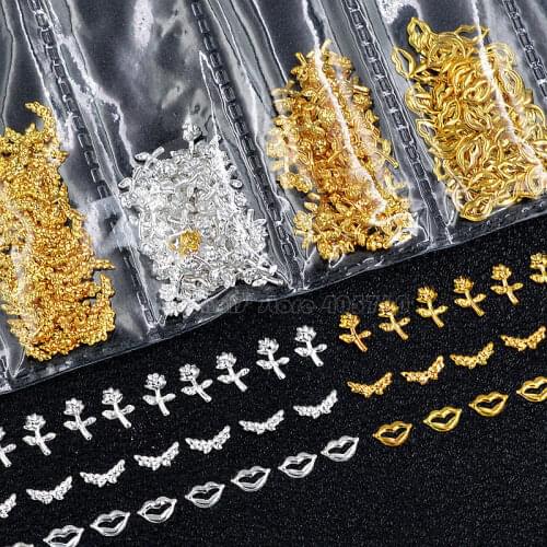 1 Pack Mix Shapes Silver Gold Lip Flower with Leaf Wings Ear of Rice Metal Studs Nail Art Gems Decorations DIY Salon 29