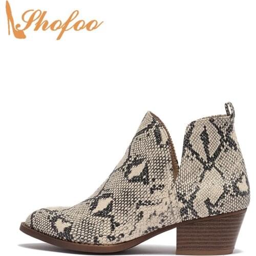 Snake Animal Prints Ankle Boots High Chunky Heels Woman Pointed Toe Slip On Booties Large Size 12 15 Ladies Fashion Shoes Shofoo