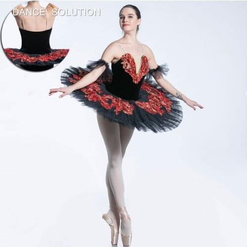 Black Professional Ballet Dance Tutu Velvet Bodice with 7 Layers Pleated Tulle Pancake Tutu Solo Costume Performance Tutu BLL086