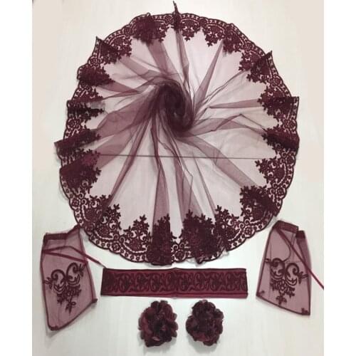 Claret Red Velvet Luxury Bridal Veil Glove Set With Belt wedding marriage henna night accessory lace guipure bride groom