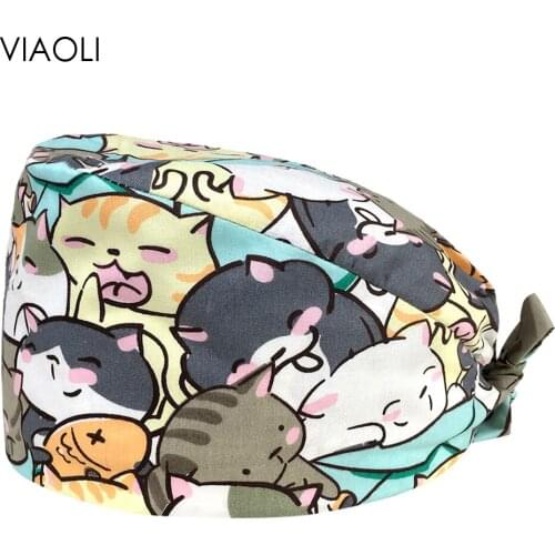 Cotton Anime Printing Hats Scrubs Caps with Sweat-absorbent High Quality Adjustable Elastic Multicolor Pet Shop Scrubs Hats 1PC