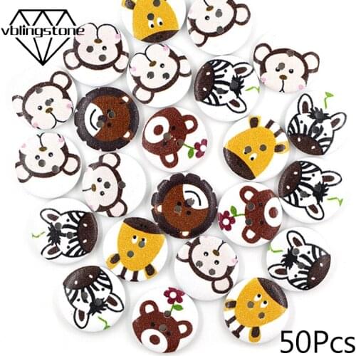 50Pcs 20x20mm Round Button Animal Decorative Wooden Buttons 2-Holes Sewing Buttons Scrapbooking Crafts DIY Clothing Accessories