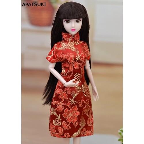 Doll Accessories Red Flower Handmade Dress For Barbie Cheongsam Chinese Traditional Dress Vestido Qipao Evening Dresses