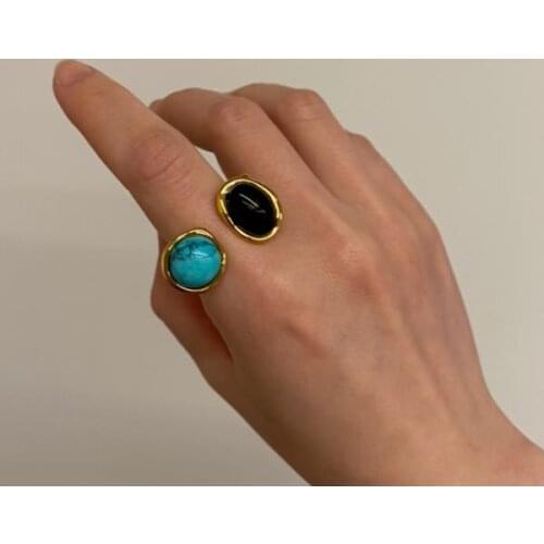 Brass Geo Malachite Statement Rings Women Jewelry Chic Punk Gothic Boho Hiphop Runway Party Designer Japan Korea Fashion