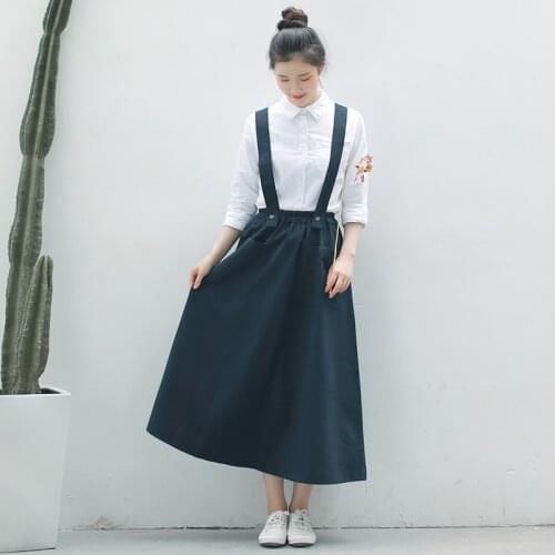 2021 Mori Girl Women Cute Midi Skirt Suspenders High Waist Vintage Elegant Skirts Preppy Style Pockets Cotton Linen Long Skirts