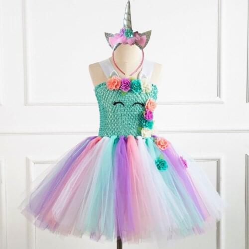 Cute Baby Unicorn Flower Tutu Dress Girls Crochet Pastel Tulle Dress With Hairbow Kids Birthday Party Costume Cosplay Dresses