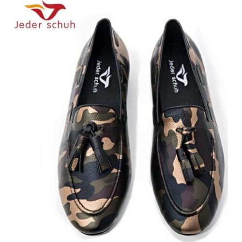 Jeder Schuh MenS Handmade Loafers Shoes Gold-Stamped Camouflage Design Fashion Party Style Flats Shoes